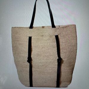 New Janessa Leone Beige Woven Tote with Black Straps